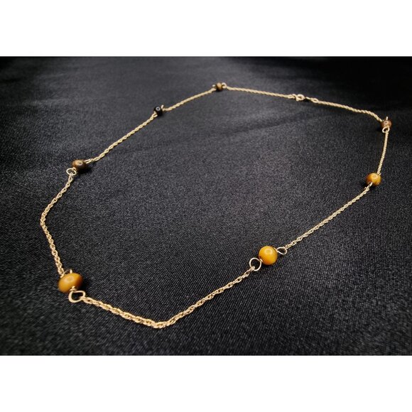 14K Solid Gold Tiger Eye Necklace With Delicate Chain & Beaded Design - Picture 4 of 6